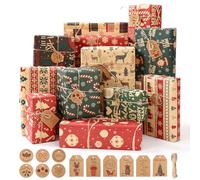 Vintage Christmas Wrapping Paper - 12 Sheets Recyclable Christmas Wrapping Paper,Red Green Brown Xmas Kraft Gift Wrap Paper with Santa Candy Cane for Xmas Kids Gift Wrap(Bonus 10m Jute String+12 Tags)