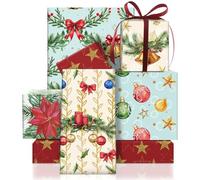 Vintage Christmas Wrapping Paper 6 Sheets, Christmas Wreath Garland Pointsettia Jingle Bell Print Gift Wrap Paper with Ribbon Set for Xmas Party Holiday All-Occasion Decorative Paper DIY Craft