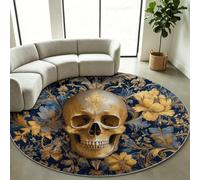 Vintage Circle Area Rug 180 cm, Washable Gold Skull Floral Carpet | Baroque Skeleton Botanical Circular Floor Mat with Anti Skid Rubber Backing, Low Pile Floor Cover for Hallway & Bedroom
