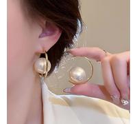 Vintage Circle Pearl Earrings Gold Pearl Drop Earrings C Shape Stud Earrings Bridal Pearl Big Hoop Dangle Earrings Gold Pearl C Shape Earrings Pearl Wedding Earrings Two Way Studs Earrings (Gold)