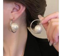 Vintage Circle Pearl Earrings Gold Pearl Drop Earrings C Shape Stud Earrings Bridal Pearl Big Hoop Dangle Earrings Gold Pearl C Shape Earrings Pearl Wedding Earrings Two Way Studs Earrings (Silver)