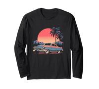Vintage Classic Car Sunset Palm Trees Retro Road Trip Design Long Sleeve T-Shirt