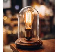Vintage Classic Glass Shaded Table Lamp, Solid Wood Vintage Style Table Lamp E27, Desk Nightstand Decorative Table Lamp, Edison Bulb Included