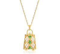 Vintage Classic Hollow Gold Lock Shell Bead Pendant S925 Silver Plated 9K Green Zircon Lace Key Chain Necklace Female