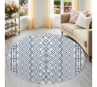 Vintage Classic Round Soft Non Slip Washable Rug 100 cm Blue | Low Pile Easy to Clean Geometric Diamonds Squares Arrows Lines Rugs, Rubber Backing Stain & Fade Resistant Circle Carpet Home