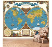 Vintage Classic Wallpaper, 250 x 175 cm Wall Mural World Map Sailing Ship Compass Decorative Border Photo Wallpaper, Non-Woven Print Wall Paper for Living Room Bedroom Art Decor, Renter Friendly