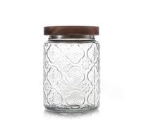 Vintage Clear Glass Storage Jar Canister 700ml/23.3oz Airtight Food Storage Jar with Acacia Wood Lid Kitchen Pantry Food Container Organizer Bottle for Food Coffee Candy(Begonia Flowers)