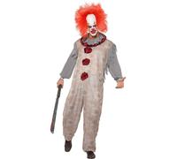 Smiffys Vintage Clown Costume, Grey & Red with Jumpsuit & Neck Ruffle, Halloween Cirque Sinister Fancy Dress, Clown Dress Up Costumes