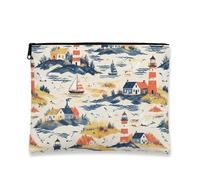 Vintage Coastal Makeup Bag, Lighthouses and Sailboats Cosmetic Travel Pouch for Women, Portable Canvas Zipper Organizer, Summer Beach Toiletry Bag, Navy, 7x9 Inch, Cosmetic