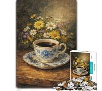 Vintage Coffee Cup and Flowers Poster Jigsaw Puzzle for Adults, 1000 Pieces | A focused indoor hobby - a simple way to organise the image at home.