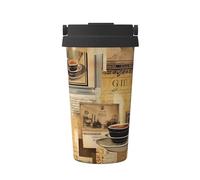 Vintage Coffee Insulated Coffee Cup with Leakproof Lid 500ml Retro Newspaper Reusable Vacuum Travel Mug Portable Stainless Steel Thermal Bottle for Hot Cold Drinks