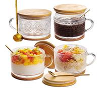 Vintage Coffee Mugs Glassware Set of 4-14oz Leak Proof Overnight Oats Containers with Lids and Spoons, Hobnail Glass Cups with Bamboo Lids, Ideal Coffee Bar Accessories Perfect for Drinks, Tea