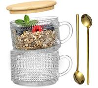Vintage Coffee Mugs, Overnight Oats Containers with Bamboo Lids and Spoons - 14oz Clear Embossed Glass Cups, Cute Coffee Bar Accessories, Iced Coffee Glasses, Ideal for Cappuccino, Latte, 2 Pack