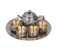 Vintage Coffee Pot Set, Metal Tea Set with 4 Cups and Tray Relief Pattern Moroccan Teapot Service Set for Home Office Table Decoration