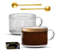Vintage Coffee Tea Cups, Glass Mugs 14 Oz Set of 2 Embossed Glassware with Handle, for Cappuccino, Latte, Cereal, Yogurt, Beverage Hot/Cold, Milk
