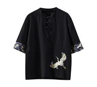 Vintage Collar Cotton Short Sleeve Shirt Men Tang Clothing Plate Buckle Casual Hemfu Men Breathable Tops Shirts Men's Long Sleeve, black, XXL