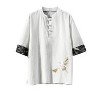 Vintage Collar Cotton Short Sleeve Shirt Men Tang Clothing Plate Buckle Casual Hemfu Men Breathable Tops Shirts Men's Long Sleeve, White, M