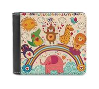 Vintage Colorful Bears Giraffe Dinosaur Penguin Elephant Rainbow Leather Bifold Wallet Coin Purse Soft Stylish Credit Pass Case Card-Holder for Boy Girl Men Woman Money Storage