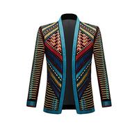 Vintage Colorful Embroidery Suit Jacket Blazer Men fleeceeen Jacket Ethnic Style Striped Singer Stage Cardigan Blue