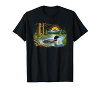Vintage Common Loon Lake Mountain Sun Nature Art Graphic T-Shirt