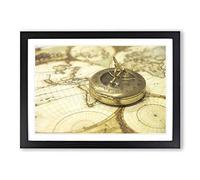 Vintage Compass and Map Framed Print | A2 Black Framed Wall Art | Ready to Hang | Classic Map Picture | Living Room Bedroom Lounge Office