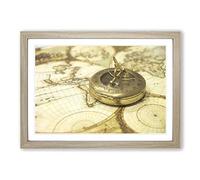 Vintage Compass and Map Framed Print | A2 Oak Framed Wall Art | Ready to Hang | Classic Map Picture | Living Room Bedroom Lounge Office