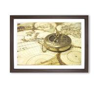 Vintage Compass and Map Framed Print | A2 Walnut Framed Wall Art | Ready to Hang | Classic Map Picture | Living Room Bedroom Lounge Office