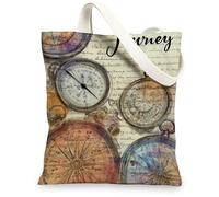 Vintage Compass Canvas Tote Bag, Artistic Reusable Shopping Bags, Lightweight Brown Shoulder Strap Bags 13x15 Inch
