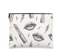 Vintage Cosmetic Bag, Bold Lips and Lightning Pattern Travel Pouch for Women, Portable Small Canvas Zipper Organizer, Gift for Festivals, White, 7x9 Inch, Cosmetic