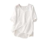 Vintage Cotton Linen Blouse for Women Summer Thin V Neck Short Sleeve Shirt Casual Loose Pullover Top Loose Button up (White, XXL)