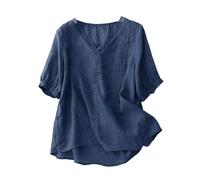 Vintage Cotton Linen Blouse for Women Summer Thin V Neck Short Sleeve Shirt Casual Loose Pullover Top Loose Button up (Navy, XXL)