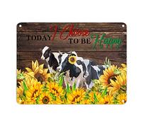 Vintage Country Cow Sunflower Metal Sign Today I Choose to Be Happy Metal Wall Art Cow Heard 12x16in Windproof Poster Art Design For Home Kitchen Bathroom Garage