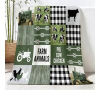 Vintage Country Super Soft Flannel Throw Blanket 127 x 152 cm, Collage Tractor Cow Printed Lightweight Warm Bed Blanket for Chair Couch, Green Fluffy Plush Fuzzy Blankets for Bedding Sofa and Travel