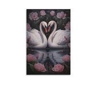Vintage Country Swan Canvas Wall Art, Romantic Floral Pond Love Animal Painting Print on Textured Canvas, Wall Poster Artwork for Living Room Bedroom Office Decor Unframe 20x30inch(50x75cm)