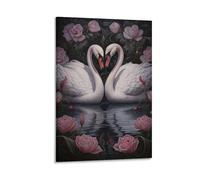 Vintage Country Swan Canvas Wall Art, Romantic Floral Pond Love Animal Painting Print on Textured Canvas, Wall Poster Artwork for Living Room Bedroom Office Decor Frame 12x18inch(30x45cm)