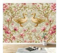 Vintage Countryside Flowers Animals Duck Modern Panoramic Wall Mural, Beige High-Resolution Non-Woven Wallpaper 400W x 280H cm - Oversized 3D Visual Art Poster for Kids Room, Bedroom & Corridor