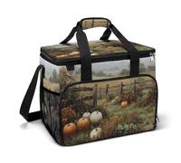 Vintage Countryside Pumpkins Rustic Wooden Fence Camping Cooler Bag Insulated Beach Coolers Portable Leak Proof Bags with Shoulder Strap