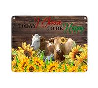Vintage Cow Sunflower Tin Sign Today I Choose to Be Happy Metal Wall Art Hello Sweet Check 12x16in Weatherproof Decoration Sign For Living Room Dining Room Bedroom