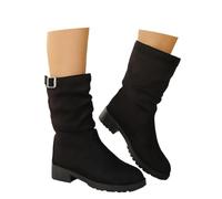 Vintage Cowboy Suede Boots for Women Slip On Pointed Toe Low Heel Slouch Boots with Buckle Calf-Length Shoes for Autumn Festivals, City Walks, and Casual Daily Wear