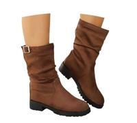 Vintage Cowboy Suede Boots for Women Slip On Pointed Toe Low Heel Slouch Boots with Buckle Calf-Length Shoes for Autumn Festivals, City Walks, and Casual Daily Wear