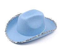 Vintage Cowgirl Hat With Curved Sequins Brim Women Men Felt Ladies Cowboy Hats Party Top Bonnet Women Cosplay Hat Cowgirl Hats Women Blue Cowgirl Hat With Sequins Blue Cowgirl Hat With Sequins Brim