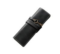 Vintage Cowhide Roll-Up Pencil Case - Handmade Genuine Leather Stationery Holder with Triple Clip Closure(Black)