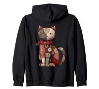 Vintage Cozy Cat Patchwork Quilted Scarf Winter Zip Hoodie