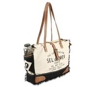 VINTAGE CRAFTS Bags Sel De Mer Upcycled Canvas Hand Bag Upcycled Canvas Tote Bag Radiant Leather Bag, Black & White, M