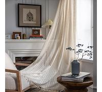 Vintage Crochet Curtains Country Style Linen Look Drapes Modern Cotton Blend with Tassels Privacy Window Treatment for Living Room Kitchen Bedroom150x240cm
