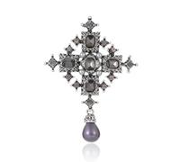 Vintage Cross Rhinestones Pearl Teardrop Brooches Lapel Pins for Women Girls Party Dance Wedding Banquet Ladies Her Dainty Boho Crystal Pin Dress Suit Bouquet Ceremony Accessories Jewelry (Gray)