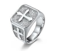 Vintage Crusader Cross Stainless Steel Ring with Stone Texture - Medieval Knight Style Viking Jewelry Gift