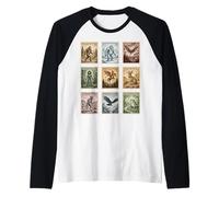 Vintage Cryptid Stamp Collection Bigfoot Yeti Mothman Raglan Baseball Tee