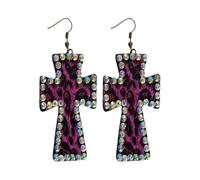 Vintage Crystal Embellished Leopard Print Cross Dangle Earrings, Leather Boho Statement Y2k Jewelry, One Size, Faux Leather Rhinestone, No Gemstone