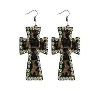 Vintage Crystal Embellished Leopard Print Cross Dangle Earrings, Leather Boho Statement Y2k Jewelry, One Size, Faux Leather Rhinestone, No Gemstone